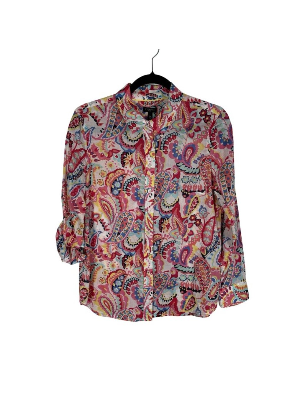 Talbots Women Petite LP Pink Multicolor Paisley Print Button Up L/Sleeve Blouse